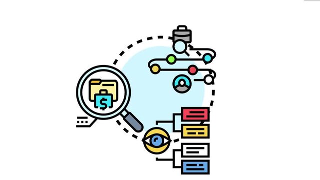 Conceptual visualizing essential business data review, strategic planning, and performance analysis through a structured process of examining important metrics and information