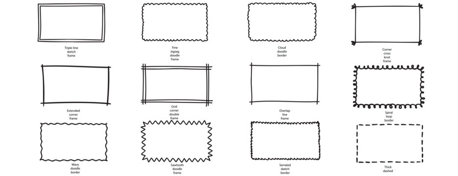 Hand-drawn doodle frames and borders vector collection set. Outline illustrations of sketch, wavy, zigzag, cloud, grid, and sawtooth border variations