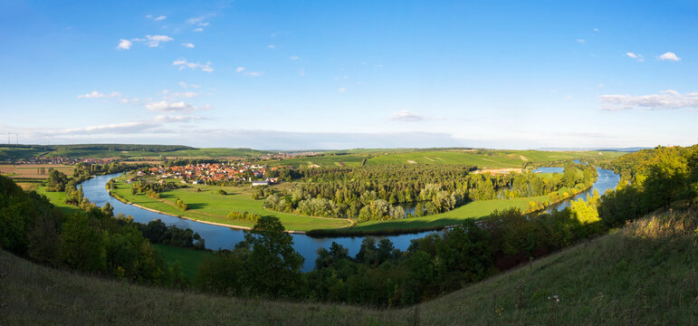 Germany, Lower Franconia, Main river loop with Fahr village near Volkach