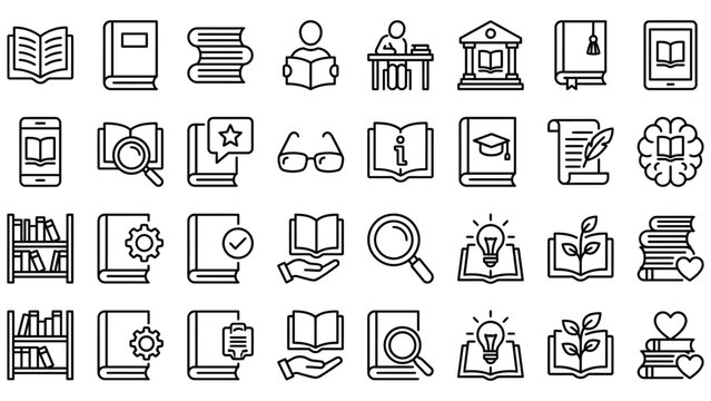 Outline book icon set featuring reading, learning, documentation, and knowledge concepts,
