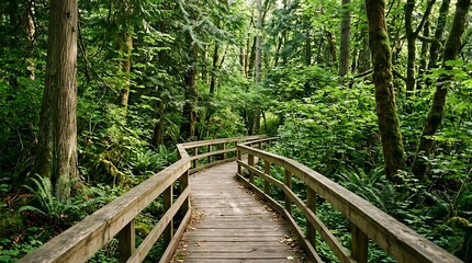 Fototapeta premium Wooden walkway winding through a lush green temperate forest and ferns