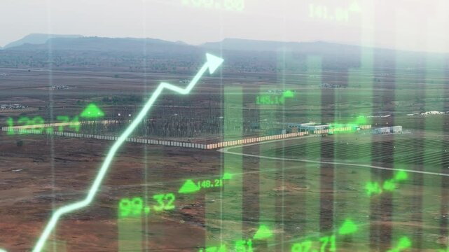 Drone moves backward over a large solar energy facility with glowing upward financial graphics, illustrating rising electricity prices, increasing solar generation, renewable investment, and growth.