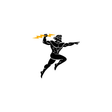 Zeus holding lightning bolt black vector silhouette illustration