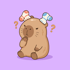 Fototapeta premium Cute capybara vector illustration wearing quirky sock horns on its head, sitting with a confused and thoughtful expression, surrounded by question marks.