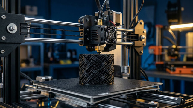 3D printer creating a complex black geometric object, technology concept