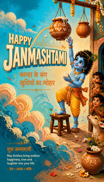 Janmashtami celebration featuring little Krishna climbing wooden stool toward hanging matki with clouds and village scenery design