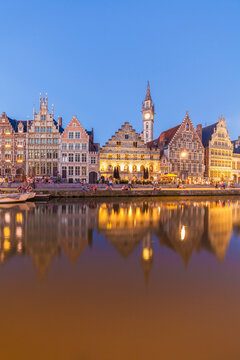 Belgium, Ghent, old town, Graslei, historical houses at River Leie at dusk