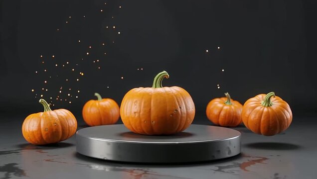 Floating orange pumpkins hovering over circular black stage in studio showroom.