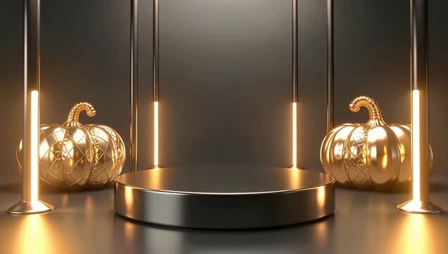 Luxury metallic golden pumpkins displayed on black podium stage with framing pillars.