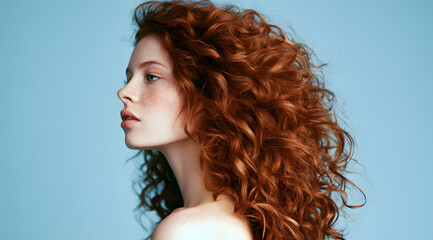 Naklejka premium Side view of a young red-headed woman with abundant, wavy hair. Her fair skin has freckles, and her blue eyes are prominent. She poses against a light blue backdrop in a studio. An elegant hair stylin