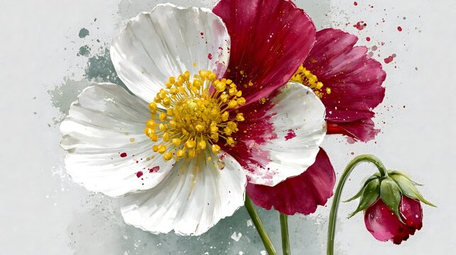 White and red watercolor flower illustration with green stem and bud