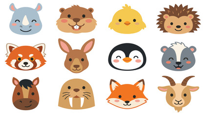 Fototapeta premium Cute animal avatar faces collection vector illustration set featuring rhinoceros beaver chick hedgehog red panda kangaroo penguin fox and goat