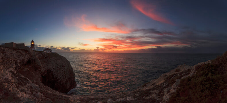 Panoramic sunset at Farol do Cabo de S. Vice in Sagres