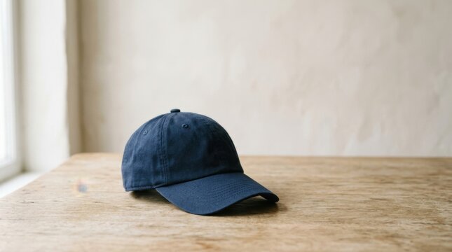 Navy Blue Cotton Baseball Cap Resting on a Minimalist Wooden Table Surface