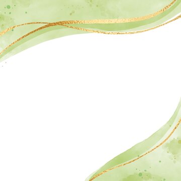 Watercolor abstract green background with gold line accent suitable for card, stationary and invitations 