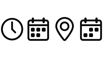Naklejka premium Time address and date icon set vector. Clock location and calendar icons collection for event calendar reminder business or meeting schedule 