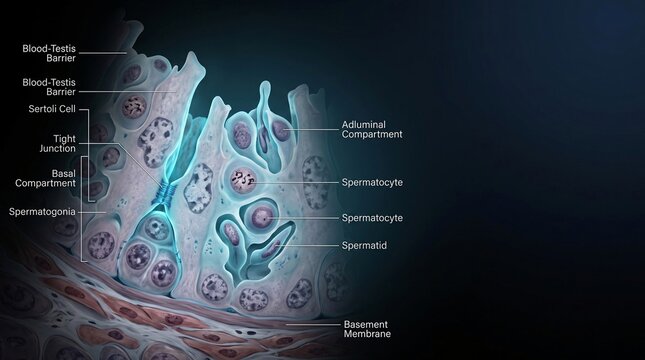 Microscopic anatomy of human seminiferous tubules showing spermatogenesis and blood testis barrier