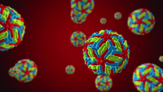Colorful multi colored virus cells floating in dark red microscopic environment background microbiology pathogen infection