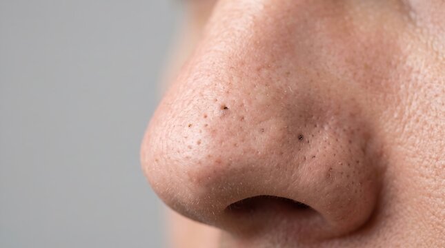 Close Up Shot of Blackhead Comedones clogging Pores on Human Nose