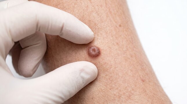 Dermatologist Glove Hand Examining Brown Raised Skin Mole Tumor on Leg