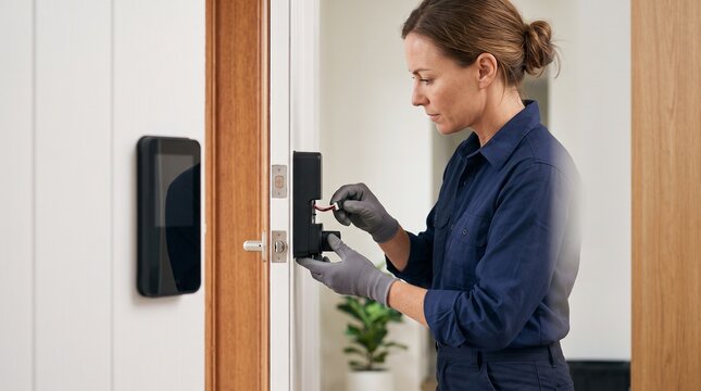 Locksmith installing smart door lock, residential keyless entry upgrade, professional home security technology service with clean modern hardware setup
