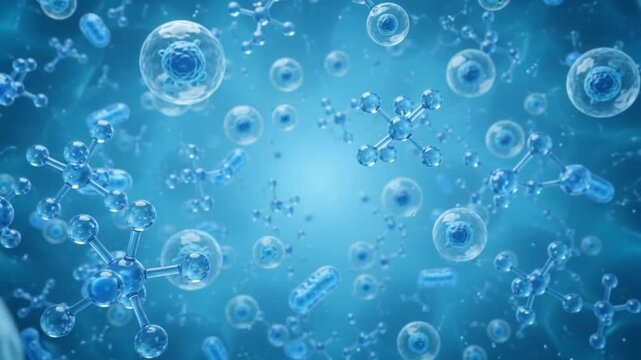 Bacteria, cells and molecules floating toward the camera in blue fluid, medical science animation for microbiology, healthcare, infection, biotechnology, laboratory presentations and website banners.