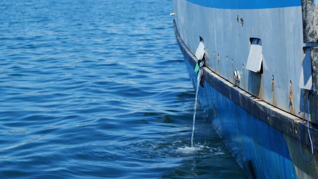 Water drains continuously from a small side window of a commercial fishing boat at sea. Close-up stock footage shot from a boat