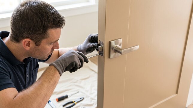 Door repair worker, installing new latch, residential interior door hardware replacement, professional service for reliable closing and everyday home function