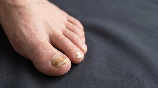 Human foot with thick yellow fungal nail infection on big toe