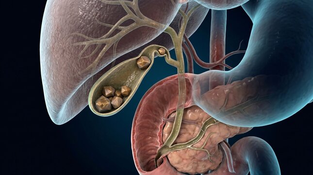 Human Gallbladder with Gallstones Inside Liver and Digestive System