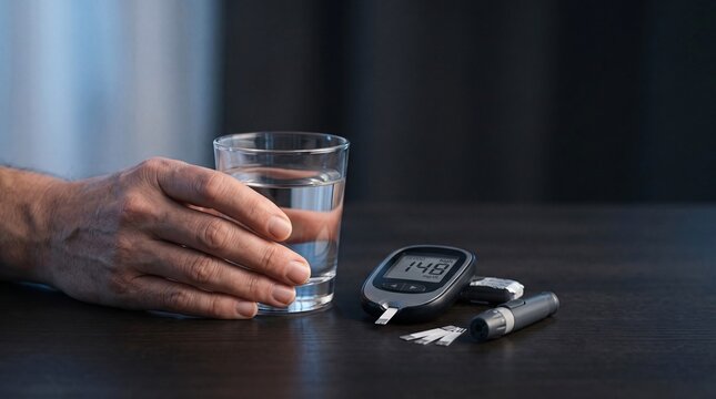 Man's hand resting near a glass of water and a blood glucose monitor with test strips