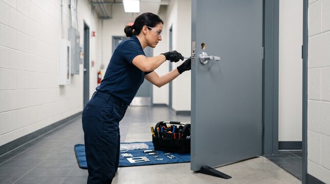 Locksmith installing commercial door lock, metal service corridor hardware, professional business access control repair and facility maintenance service