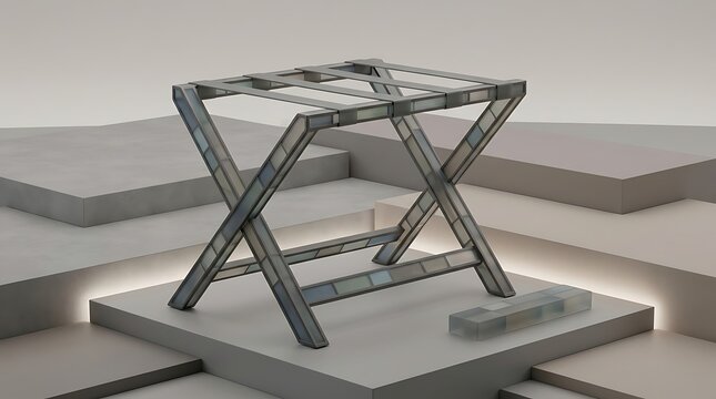A geometric folding stool made of glass and metal, resting on a stepped platform with soft ambient lighting in a minimalist architectural space