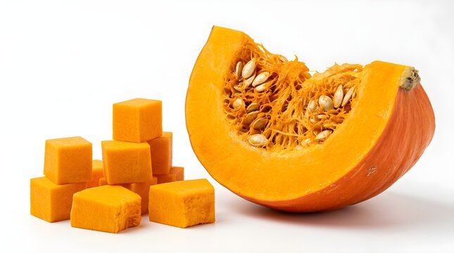 Fresh orange pumpkin slice and diced cubes isolated on a white background