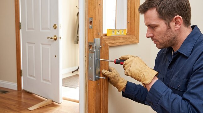 Door repair worker, securing loose frame, residential jamb reinforcement, professional maintenance restoring stable entry hardware and smooth door function