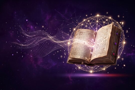 Magical Book with Ancient Text in Cosmic Setting