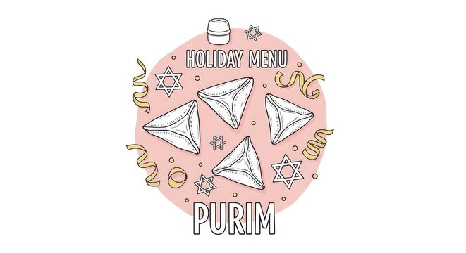 Purim Holiday Menu Celebration with Hamantaschen Cookies and Star of David Decorations, Festive Food Illustration