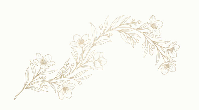 Elegant handdrawn floral branch with blooming flowers and leaves, delicate botanical line art illustration in gold tones, sophisticated decorative element for wedding stationery and invitations