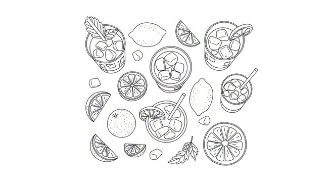 Refreshing Citrus Drinks and Fruits Line Art Illustration - Lemonade, Orange Juice, Summer Cocktails, Slices, Leaves, Ice Cubes, Hand Drawn Sketch