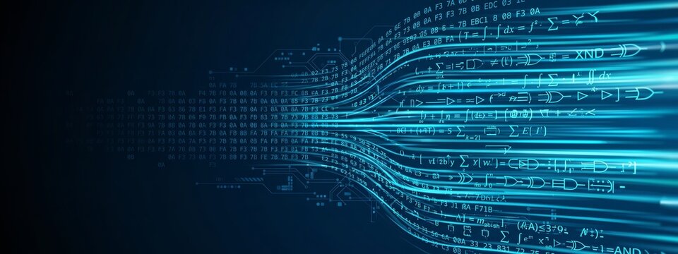 Abstract digital data stream with binary code and formulas