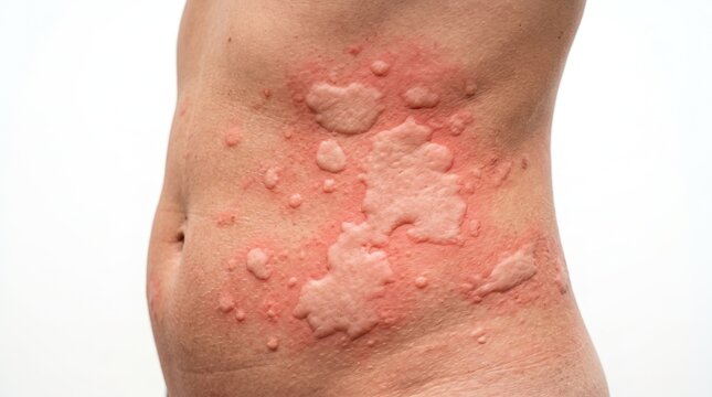 Severe Acute Allergic Urticaria with Large Raised Itchy Wheals on Human Abdomen Skin