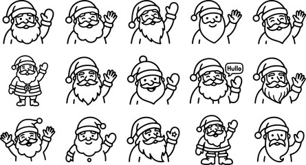 Fototapeta premium Waving Santa Claus line art character set for festive holiday greeting cards.