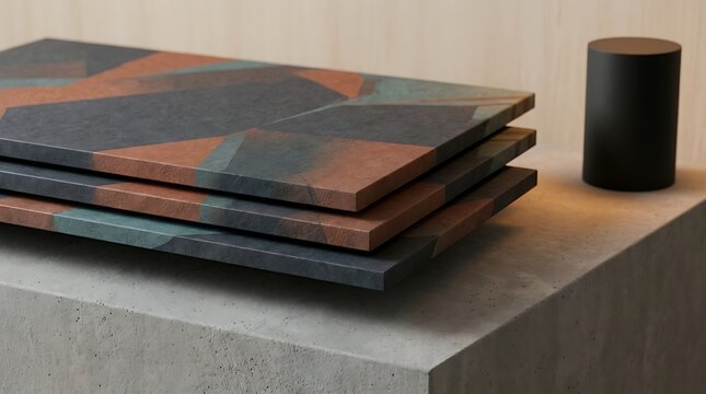 Three rectangular boards with a geometric, abstract pattern in shades of rust, dark blue, and gray, stacked on a concrete block with a black cylinder