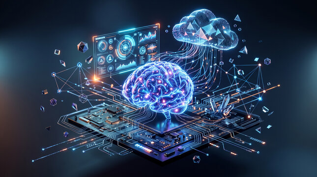 Artificial intelligence brain and cloud computing network on circuit board with data analytics and holographic displays futuristic technology concept