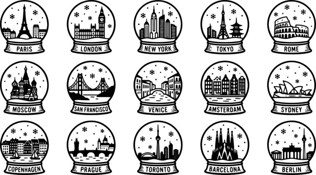 Black line art city travel snow globes set on checkered transparency background.