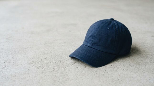 Minimalist Navy Blue Baseball Cap Resting Alone on a Neutral Textured Concrete Surface for Casual Fashion and Streetwear Concept