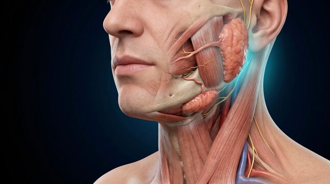 Human Head and Neck Anatomy Showing Parotid Gland, Muscles, and Blood Vessels