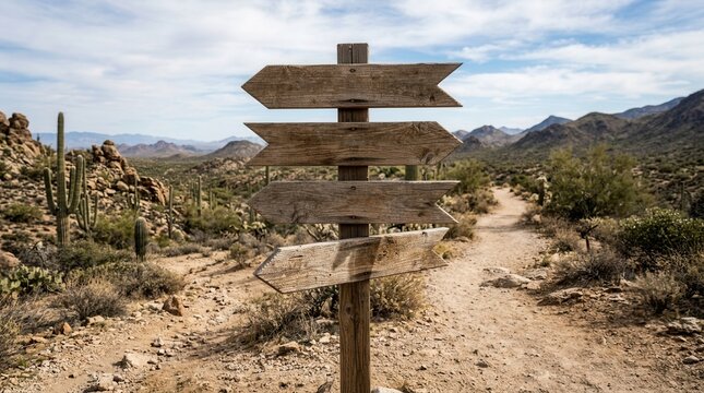 Wooden Directional Signpost In Desert Landscape With Cactus