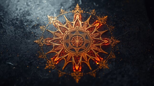 Glowing golden sacred geometric yantra pattern against dark textured background with enlightenment
