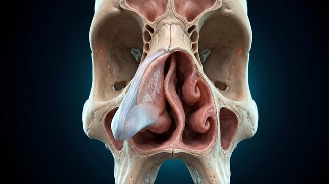 Human Skull with Nasal Cavity and Turbinate Bones Highlighted